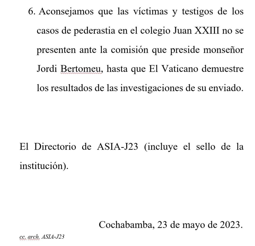 Declaración de los ex alumnos del colegio jesuita boliviano Juan XXIII, ante la visita de Jordi Bertomeu (el "vende humo"), enviado por el Papa. El vaticano ya engañó a los sobrevivientes en Chile.  Es bueno que los sobrevivientes en Bolivia se cuiden del Vaticano.