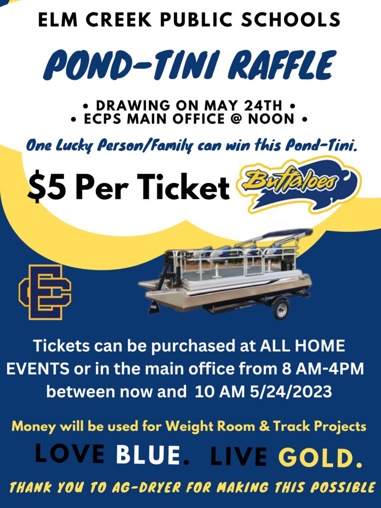 ElmCreekBuffs's tweet image. We will be drawing tomorrow at Noon for Pond Tini!
You can still purchase tickets in the main office and we will have students selling tickets prior to the drawing!  We hope to see everyone at our free will burger feed/Pontoon drawing tomorrow