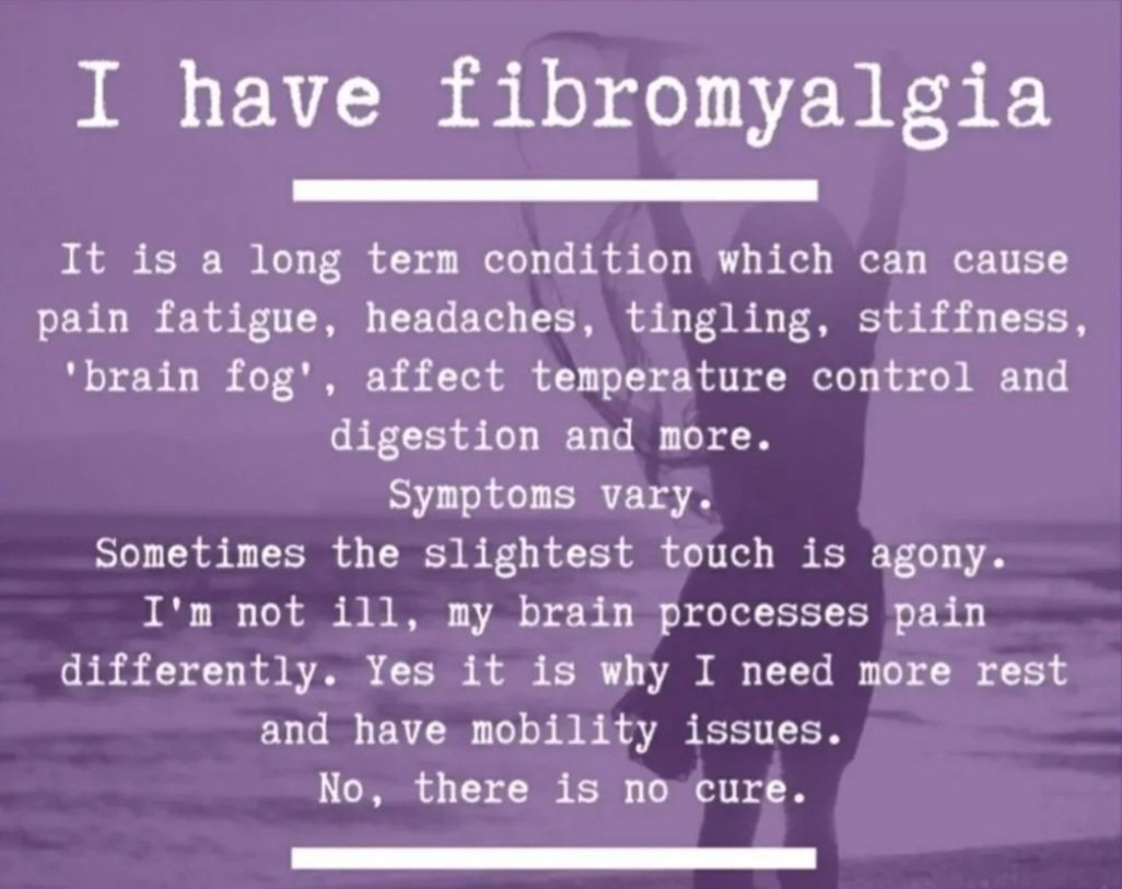 I have fibromyalgia..
it's a long-term condition...
#pain #fatigue #headaches
#tingling #stiffness #brainfog
#tempaturechanges #digestiveissues
#toomanysymptomstolist #CNSdysfunction #changeseveryday #noknowncure 
#fibromyalgia #CFSME #fibrosupportbymonica