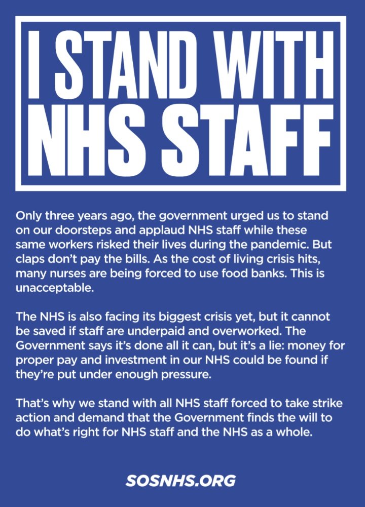 We stand with all NHS workers forced to take strike action We demand that the Government finds the will to do what's right for NHS staff and the NHS as a whole Please support the picket lines wherever possible #SOSNHS ok👇