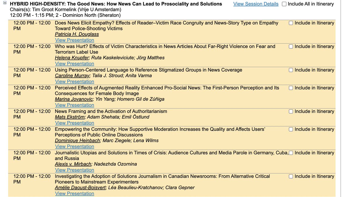 And for other noon hour intrique: "HYBRID HIGH-DENSITY: The Good News: How News Can Lead to Prosociality and Solutions" 2 - Dominion North (although don't let panel title fool you - some rough serious stuff here) #ica23
