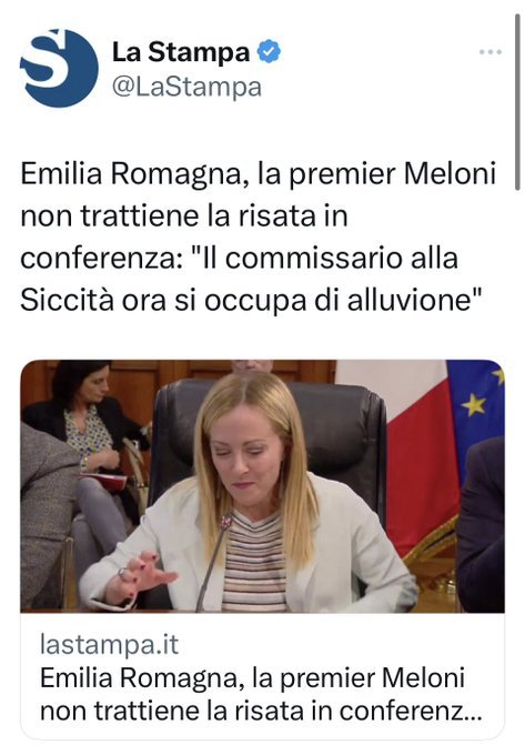 In Emilia Romagna ci sono persone ferite, disperse, decedute e senza casa, e la sciacalla della Garbatella ride.

#Meloni #23maggio