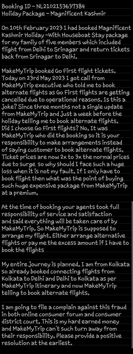 TheGothamFan1's tweet image. @makemytripcare @jagograhakjago @MohitKabra_ @deepkalra @Rajesh_Magow @DeepKalraMMT @GoFirstairways
Booking ID - NL2102153637384
Scam happening in the name of holiday package at MakeMyTrip. They are ruining my trip. No responsibility whatsoever at all from their side.