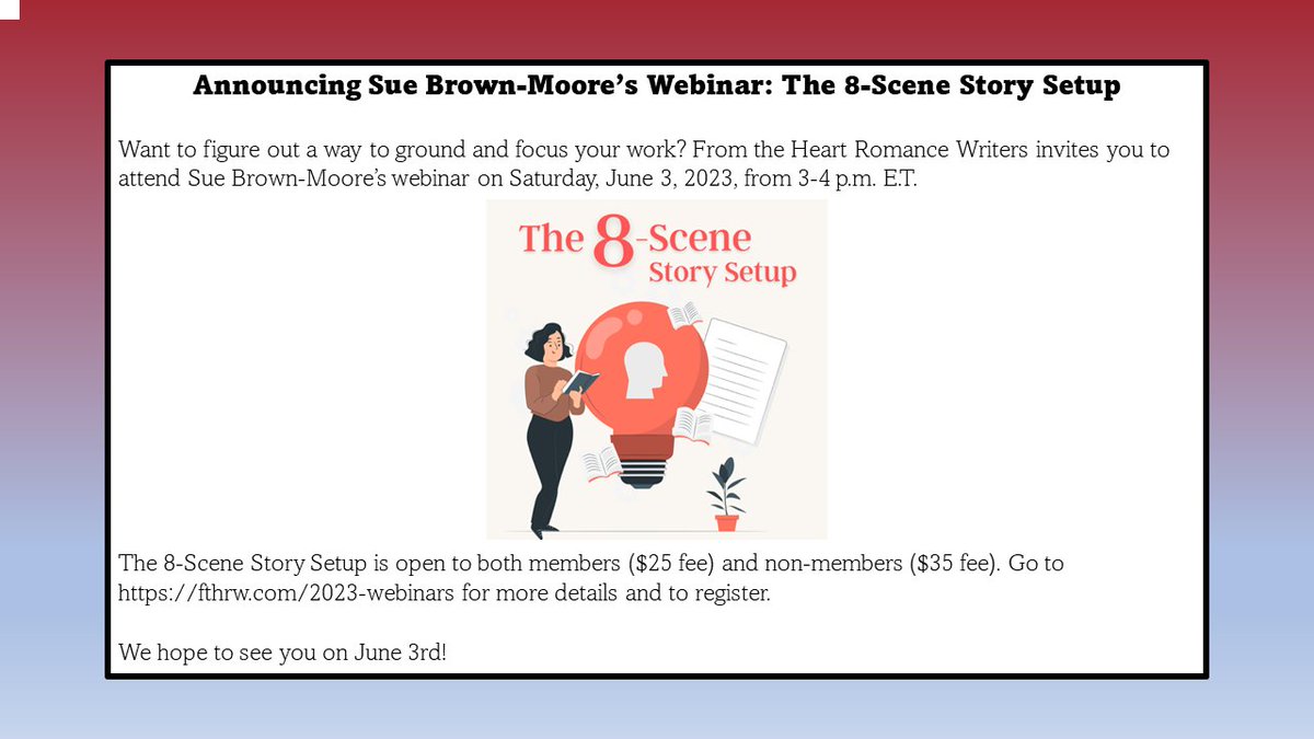 FTHRW's tweet photo. Hey, #Writers! Join FTHRW and Sue Brown-Moore on June 3 for a webinar that will help focus and ground your novel. No more revising as you go or getting lost in the middle! #Amwritingromance #writersoftwitter #WritingCommunity 

Learn more at https://t.co/gwIRyqmsf7. https://t.co/eNLvZhLg38
