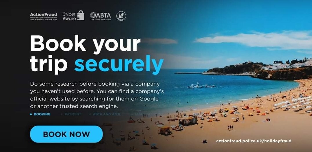 Advice to prevent scams.

Booking a holiday with a company you haven't used before?

Do some research first. You can find a company’s official website by searching for them on Google or another trusted search engine.

For more advice, visit: actionfraud.police.uk/holidayfraud

#HolidayFraud