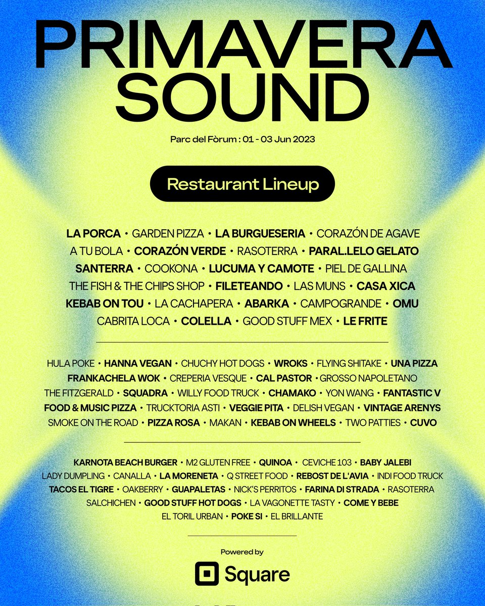 Square España (@squareespana) on Twitter photo ¿Todo listo para el <a href="/Primavera_Sound/">Primavera Sound</a>?
¡Echa un vistazo a la lista de restaurantes que estarán presentes Barcelona ! 🍽️✨
Tanto artistas como restaurantes son fundamentales para hacer de este festival una experiencia inolvidable 🎸🍴
#PoweredBySquare ¿Todo listo para el <a href="/Primavera_Sound/">Primavera Sound</a>?
¡Echa un vistazo a la lista de restaurantes que estarán presentes Barcelona ! 🍽️✨
Tanto artistas como restaurantes son fundamentales para hacer de este festival una experiencia inolvidable 🎸🍴
#PoweredBySquare