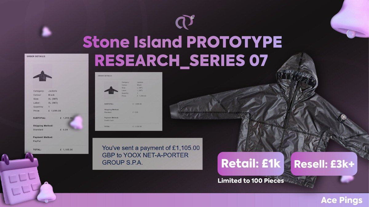 Stone Island PROTOTYPE RESEARCH_SERIES 07 😮‍💨

Retail: £1105.00 | Resell: Estimated £3k+ 💰🤌🏼

Join AcePings today - Link in bio

#stoneisland #prototype #apperal #release #upcoming #sneakerhead #fashion #financialfreedom #retail #reselling #reseller #ukcookgroup