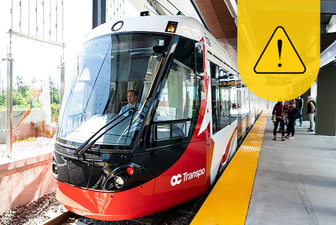 Picture of O-Train Line 1 with a caution symbol 