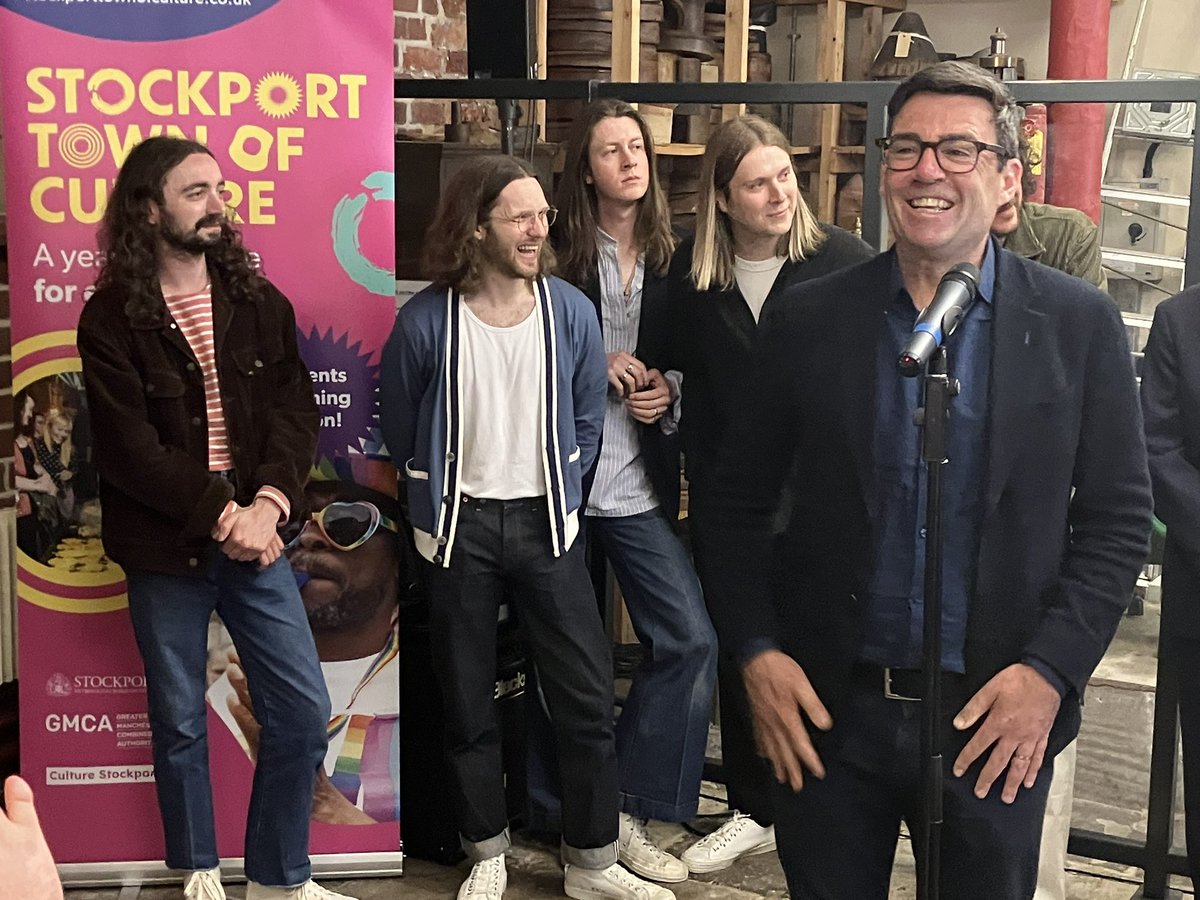 SevenMilesOut's tweet photo. It’s official! Stockport is the Greater Manchester Town of Culture! Fab to be at the announcement with @AndyBurnhamGM @BlossomsBand @FuzzySunBand @BlankCheque97 Lots of exciting events to come in the year ahead! #stockportisreallyfantastic https://t.co/54gp4FspJW