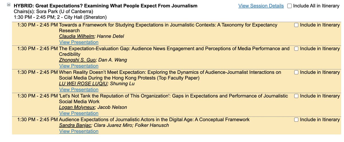 We have great expectations for this panel on "HYBRID: Great Expectations? Examining What People Expect From Journalism" #ica23 at 1:30 PM in 2 - City Hall chaired by <a href="/sorapark/">Sora Park</a>