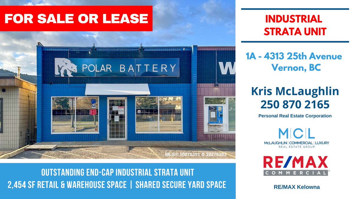kmclaughlinCCIM's tweet photo. FOR SALE OR LEASE! End-cap industrial strata unit with shared, secure yard space. #Vernon #CRE #ccim #remaxcommercial #remaxkelowna #remax #industrialrealestatevernon #industrialrealestate #industrial #landlordrep #landlordrepresentation @MCLRealEstate https://t.co/JdwxKEuxGY