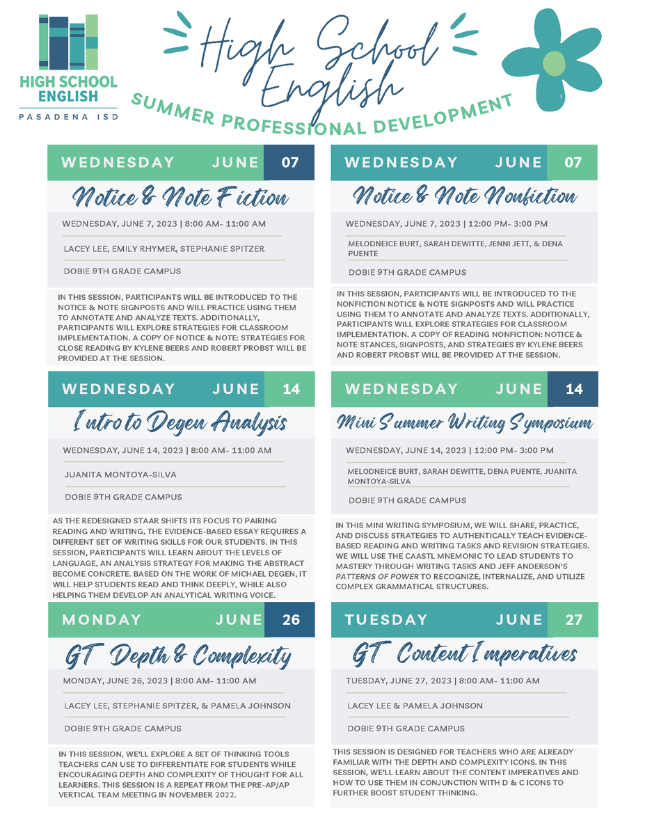 We're excited to soar into summer with summer professional development opportunities. Visit the professional development page on our HS ELA site to register. We hope to see you there!☀️ #pisdHSELAR