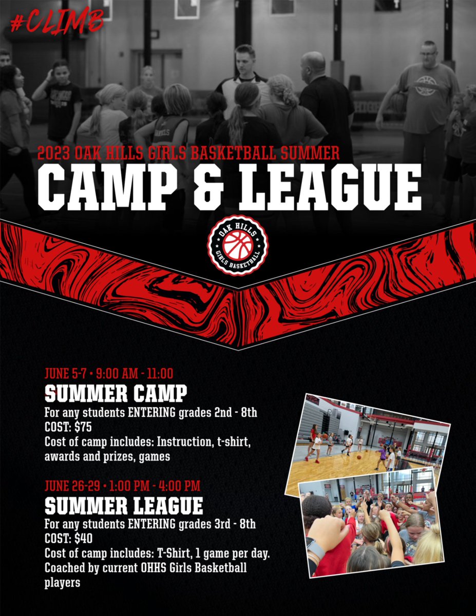 Oak Hills Girls Basketball Camp is less than 2 weeks away! Don't wait to sign up and reserve your spot! 

The 1st Oak Hills Girls Basketball Summer League is open for registration!! Available for girls entering grades 3-8! 

Sign up at highlanderssportscamps.com

#CLIMB