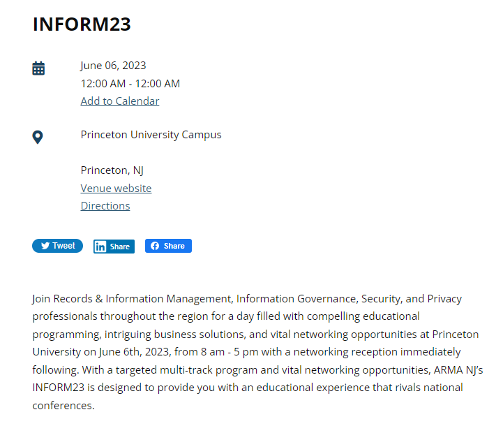 ARMANewEngland's tweet photo. INFORM23 is hosted by our sister chapter @ARMANNJ
visit our website below to sign up for this awesome learning opportunity on RIM, IG, Security and Privacy. You might even run into #ArmaNE VP Susan Gleason there! #INFORM https://t.co/mcbydJC8pr https://t.co/eKMO1reTQQ