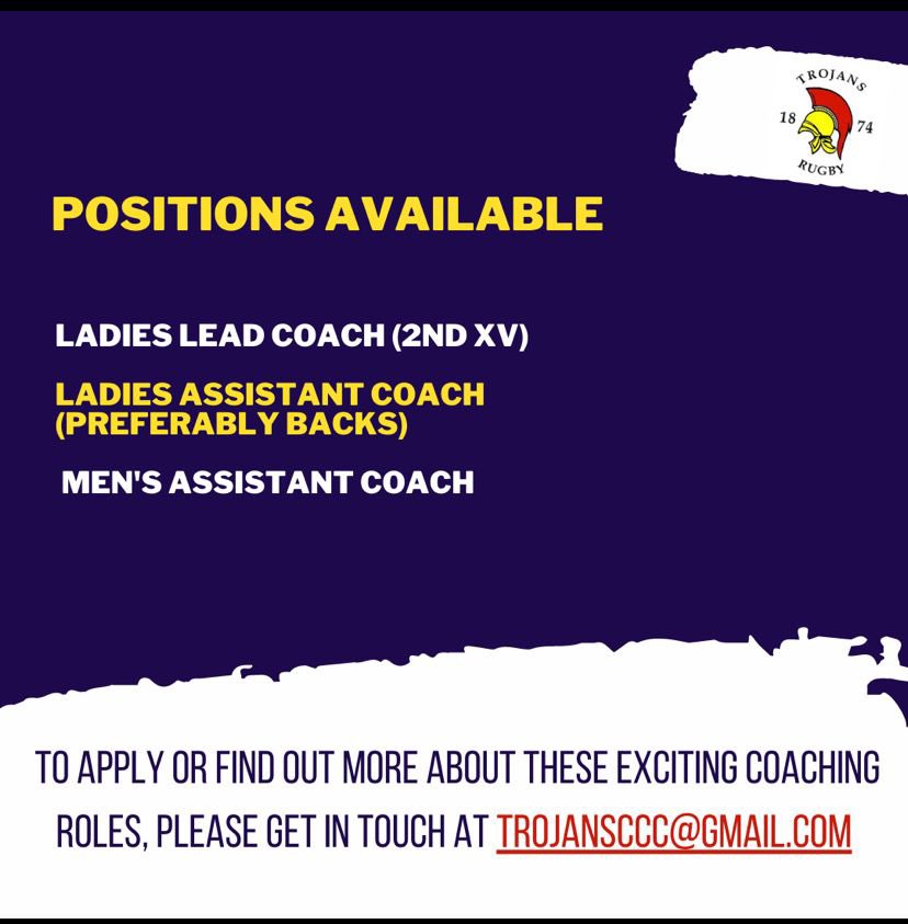 If you fancy coaching at one of the largest clubs in Hampshire and one of the oldest in the country with some excellent players and opportunities to develop further then get in touch. Men’s and ladies positions available <a href="/TrojansFC1874/">Trojans Rugby</a> <a href="/TrojansClub/">Trojans Club</a> <a href="/TrojansLadies/">Trojans Ladies Rugby</a>