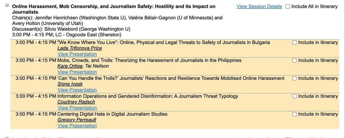 At 3 PM in LC - Osgoode East, we talk about how threats to journalism undermine....journalism "Online Harassment, Mob Censorship, and Journalism Safety: Hostility and its Impact on Journalists" chaired by
<a href="/JennHenrichsen/">Dr. Jennifer Henrichsen, PhD</a>
<a href="/journoscholar/">Valerie Belair-Gagnon</a>
<a href="/averyholton/">Avery Holton</a>
#ICA23