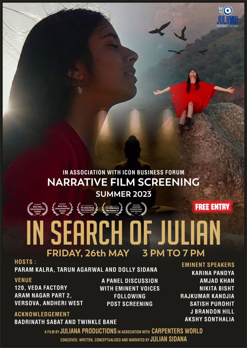 TarunAgarwalPro's tweet photo. We are showcasing a 40-minute short film on May 26th in Mumbai. #InSearchOfJulian is a film about a teenager's journey in mental health. We attempt to hold the screening with as much aplomb as a movie. We are getting there. Others are not even trying. Join our idealism. https://t.co/7qNntvpIXW