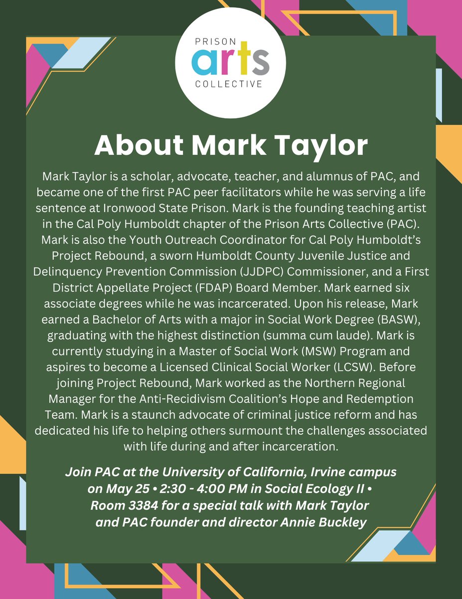 PAC Alumnus Mark Taylor will be holding a talk at the University of California, Irvine campus this Thursday, May 25. See last post for more details. We hope you see you there!