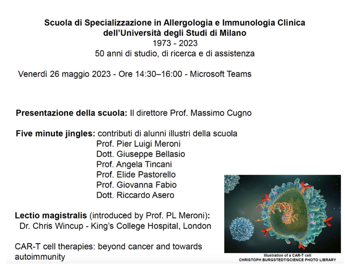 Truly honoured to be invited to give this talk at the 50 year celebration of the School of Clinical Immunology, University of Milan on Friday 🇮🇹 

I will be speaking on the subject of CAR T cell therapy as a potential treatment for autoimmune conditions 🧫 🧪 🧬