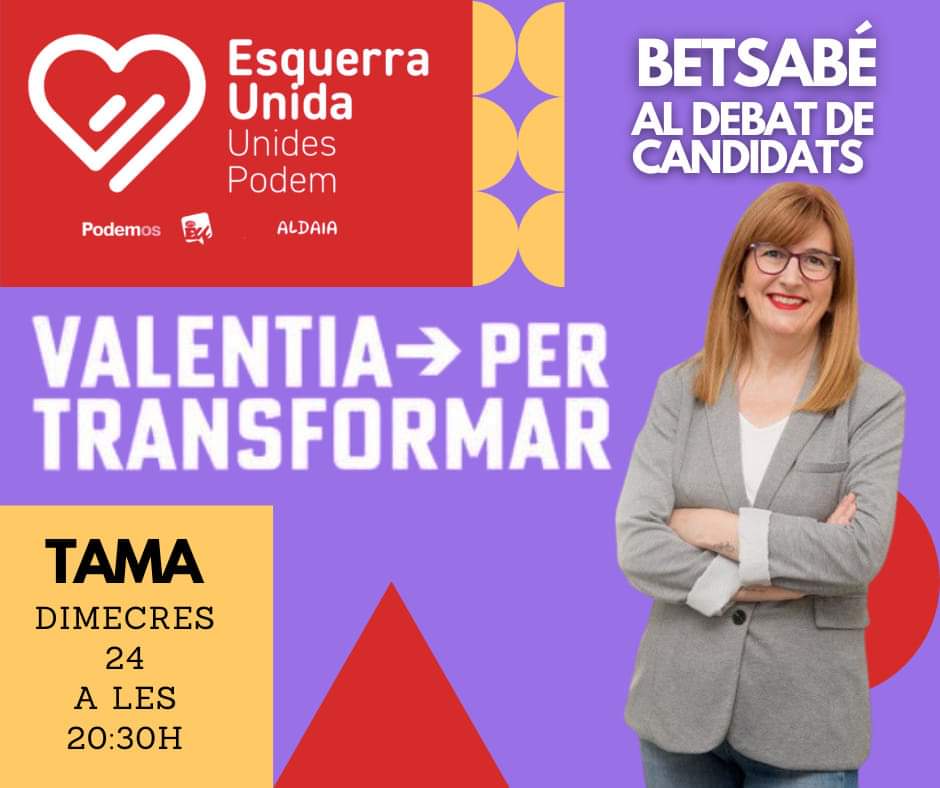 podemaldaia's tweet photo. BETSABÉ REQUENA AL DEBAT ELECCIONS MUNICIPALS ALDAIA
💚❤️💜
Demà dimecres 24 a les 20:30 h al TAMA debat electoral de les candidates a l'alcaldia #Aldaia
Vine al Tama o escolta'l en @aldaiaradio 84.4 FM

@Podem_ @esquerraunida 
Aldaia i Barrio del Cristo #ValentiaPerTransformar https://t.co/ECc49LkKan