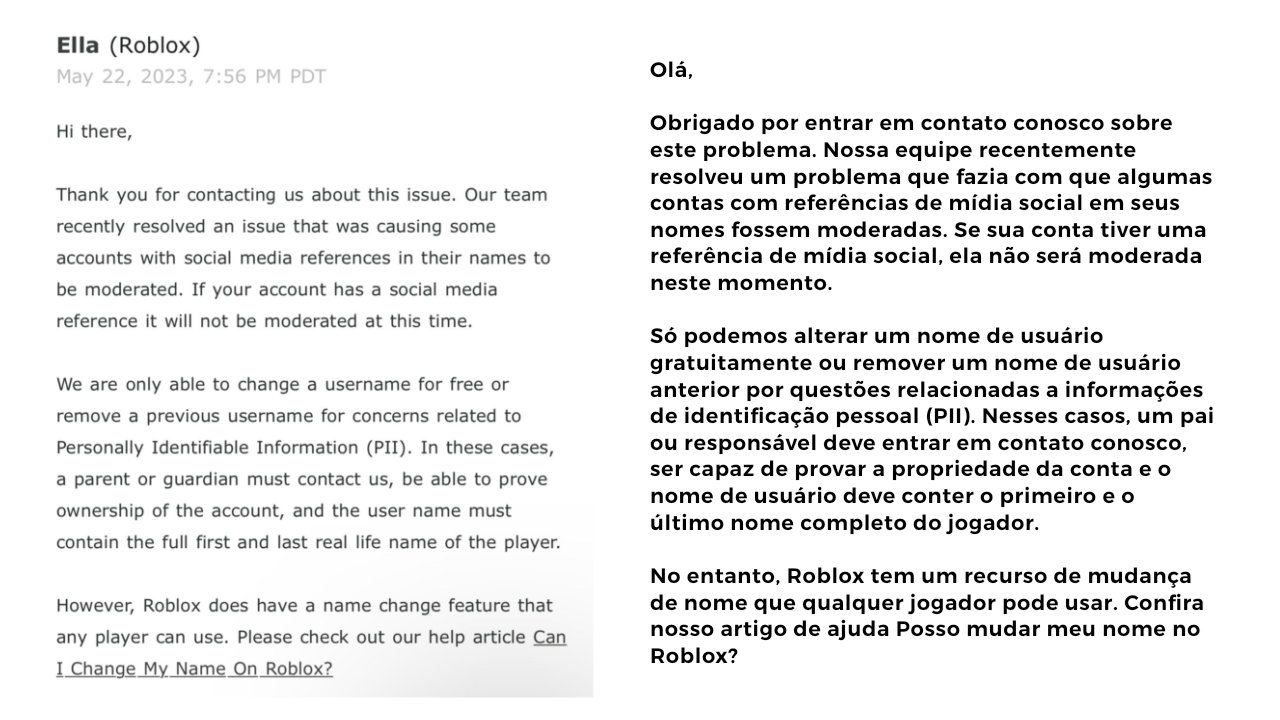 RTC em português  on X: ATUALIZAÇÃO: O suporte do Roblox confirmou que os  banimentos nos nomes de usuário com referências a redes sociais (YT) eram  um erro na moderação que já