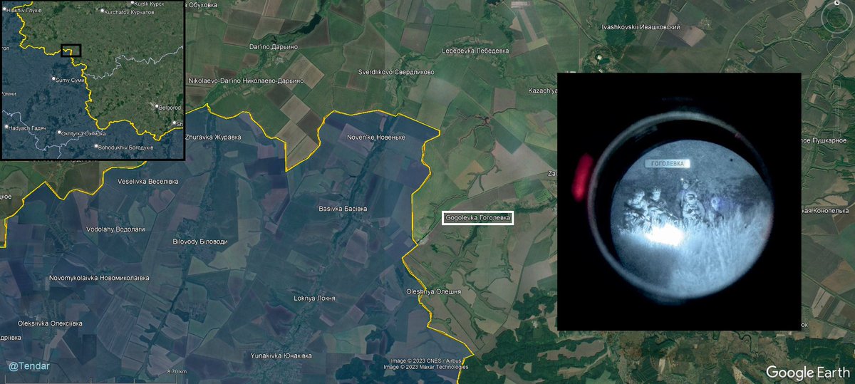 Tendar's tweet photo. A picture emerged from another group of soldiers which penetrated the Russian border, this time in the Kursk Oblast. The village is called Gogolevka.  

And here we see how this works. They are there and tomorrow they might be somewhere else and this repeats as long as Russian forces have spent their energy or they increase their presence on the expense to expose themselves elsewhere. 

#Russia #Kursk #Ukraine