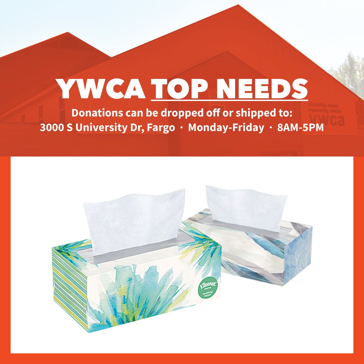 Everything is blooming &amp; allergies are in full swing! This #TopNeedsTuesday, we are in urgent need of tissues! If you can help, drop off or ship to YWCA Emergency Shelter, 3000 S University Dr in Fargo, M-F 8am-5pm. Shop and ship our Amazon Wish List at ywcacassclay.org/amazonwishlist