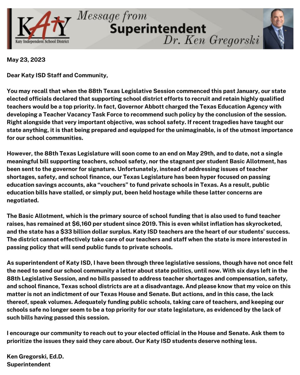 The 88th Texas Legislative Session– A Message from Superintendent Dr. Gregorski  
Read Superintendent Gregorski's message regarding the legislative session on our website: bit.ly/421ZOmW 
Contact your elected officials: bit.ly/3IBFVfG