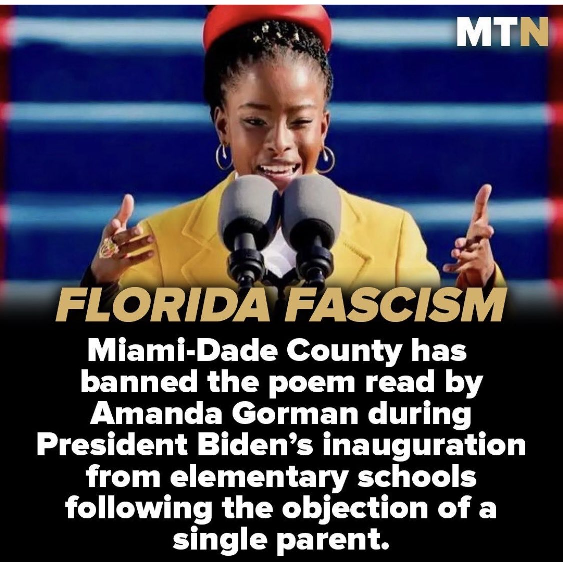 lflorepolitics's tweet photo. This is outrageous. One parent objects to Amanda Gorman’s poem The Hill We Climb and now Miami-Dade county in Florida has banned it! This is straight up some fascist, authoritarian BULLSH*T. 
We need to rise up against this. What is next?? 
#ProudBlue https://t.co/jY5gStnyeO