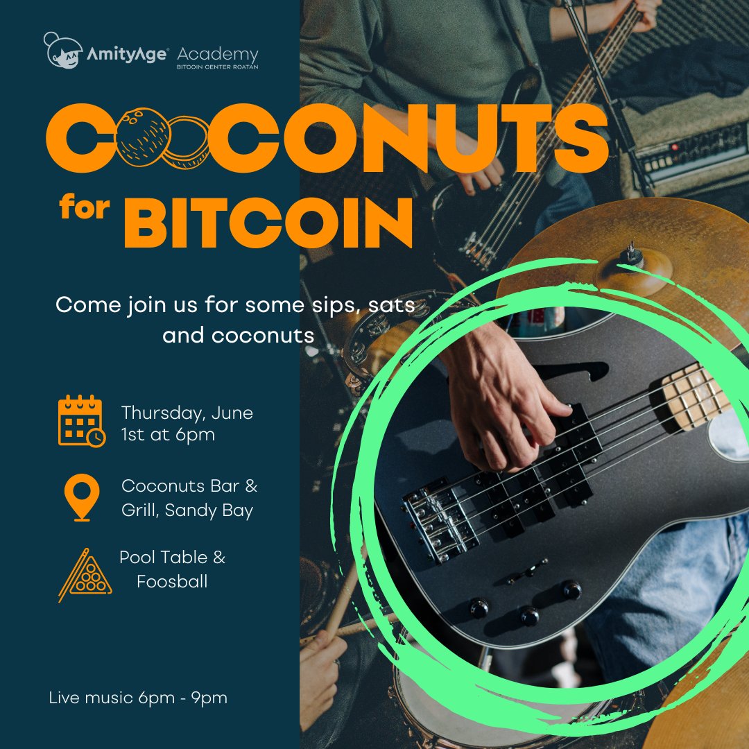 AmityAge's tweet photo. 🎵 Drink and Play with Bitcoin! Join us for an epic meetup featuring live music with Scotty C, a thrilling foosball and pool table tournament, pay with Bitcoin and receive a FREE glass from Coconuts Bar &amp; Grill. 🚀 #BitcoinParty #LiveMusic #BitcoinGames #MeetupMadness https://t.co/IGaEW02dq5