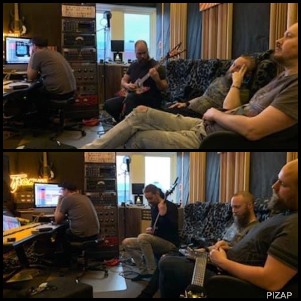 DaysOfJupiter's tweet photo. Creative minds in Orange Monkey Studios as some heavy guitars being immortalized on track. The songs on our fifth album contains some of our greatest and heaviest riffs we've written. Marcus and Johnny delivering as always.

#daysofjupiter #orangemonkeystudio #sköntmedfetariff https://t.co/it72UJd6Ej