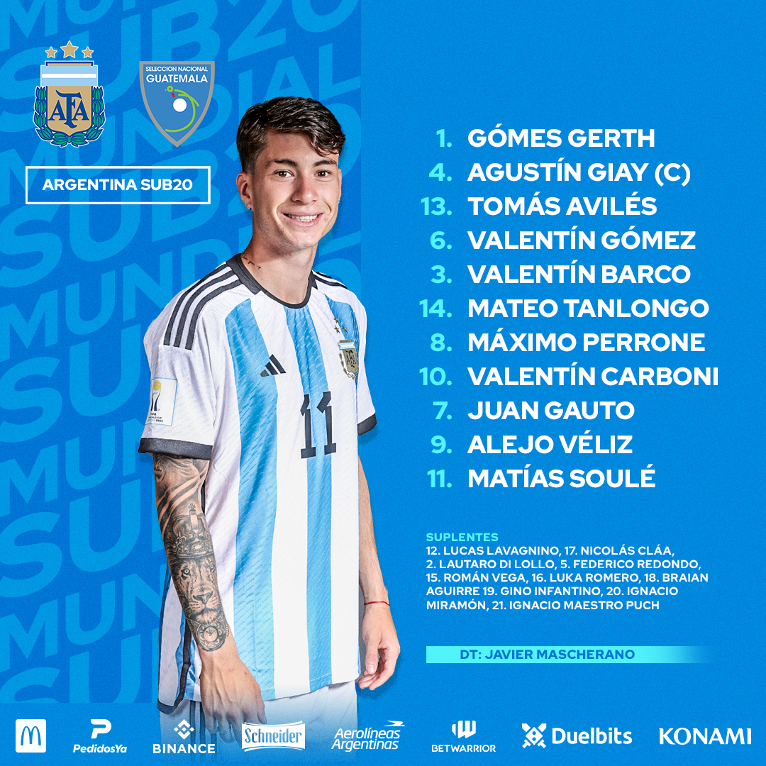 Argentina's tweet photo. 🏆 #MundialSub20

📋 ¡Once inicial confirmado! ⚽

Así formará @Argentina 🇦🇷 para el encuentro ante #Guatemala 🇬🇹

¡#VamosLosPibes! 💪 https://t.co/vZ71Lx57gk