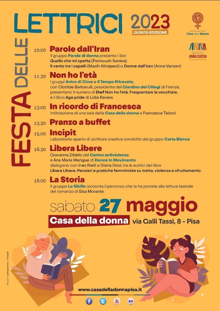 Sabato 27 maggio nel giardino della Casa torna la #FestadelleLettrici! 
Dal mattino al tramonto incontri, letture, presentazioni, laboratori su tanti temi e libri. Vi aspettiamo!  casadelladonnapisa.it/torna-la-festa… #Pisa