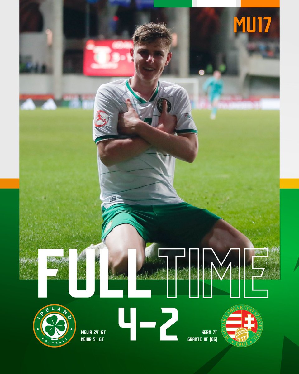 HEADING TO THE QUARTER FINALS! 

It ends in Hungary with Ireland advancing to the last 8 following a superb 4-2 win in Felcsút 🇮🇪🇭🇺

#IRLU17 | #COYBIG | #U17EURO