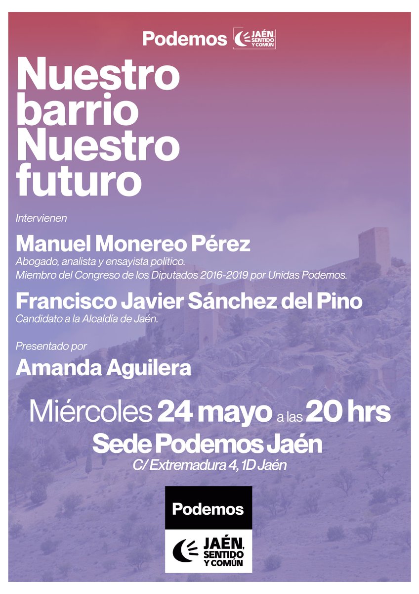 📢 ¡Atención, Jaén!📢  Mañana se llevará a cabo un nuevo evento de campaña, con la presencia de <a href="/ManoloMonereo/">M. Monereo</a>, miembro del Congreso de Los Diputados por Unidas Podemos 2016-2019. Además, nuestro  candidato a la Alcaldía de Jaén 🟣🔴, <a href="/FranSanDelp/">Francisco Sánchez del Pino</a>.