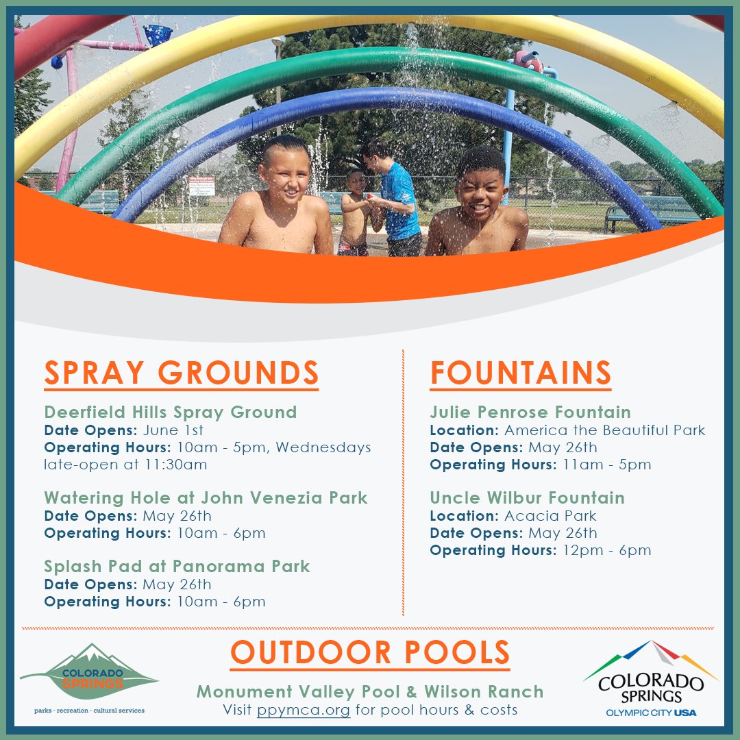 COSpringsParks's tweet photo. Summer has arrived, and it's time to make a big SPLASH! 💦 Click here to access more information: https://t.co/HxjQgoMfvg #COSParks #SprayGrounds #Fountains https://t.co/WjPbGgYP72