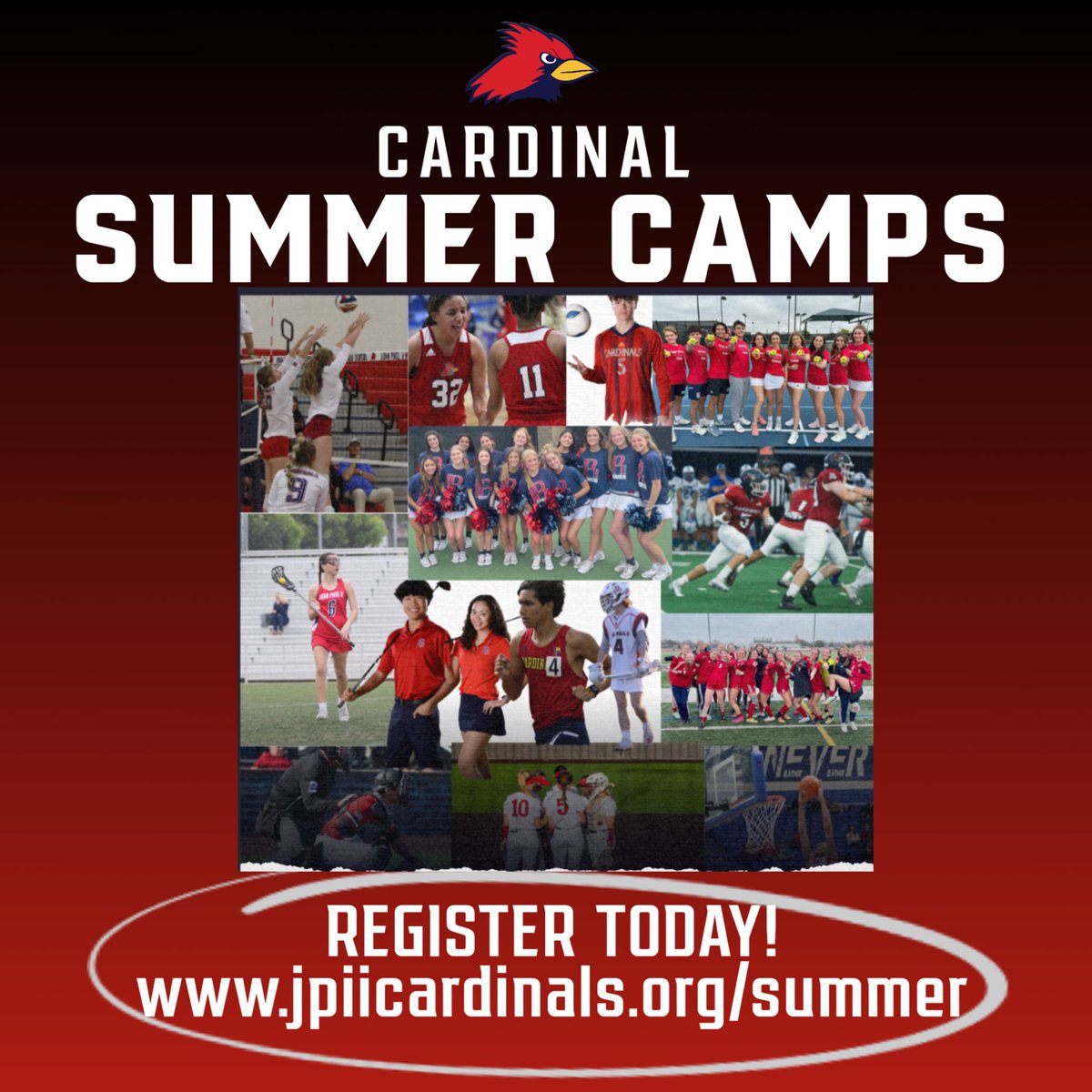 Looking for something fun to do this summer? Come join us at <a href="/JPIIHSPLANO/">John Paul II High School</a> for our sports camps led by our head varsity coaches. Sign up online today! 🏐🏈🥎⚾️⚽️<a href="/JPIIHS_Softball/">JPIIHS Softball</a> <a href="/LadyCards_Bball/">Lady Cardinal Bball</a> <a href="/jpiihsbaseball/">JPIIHS Baseball</a> <a href="/JPIIHoops/">JPII Men’s Hoops</a> <a href="/JPIIHS_Football/">JPIIHS Football</a> <a href="/LadyCard_Soccer/">Lady Cardinal Soccer</a> <a href="/JPII_Volleyball/">JPIIHS Volleyball</a>
