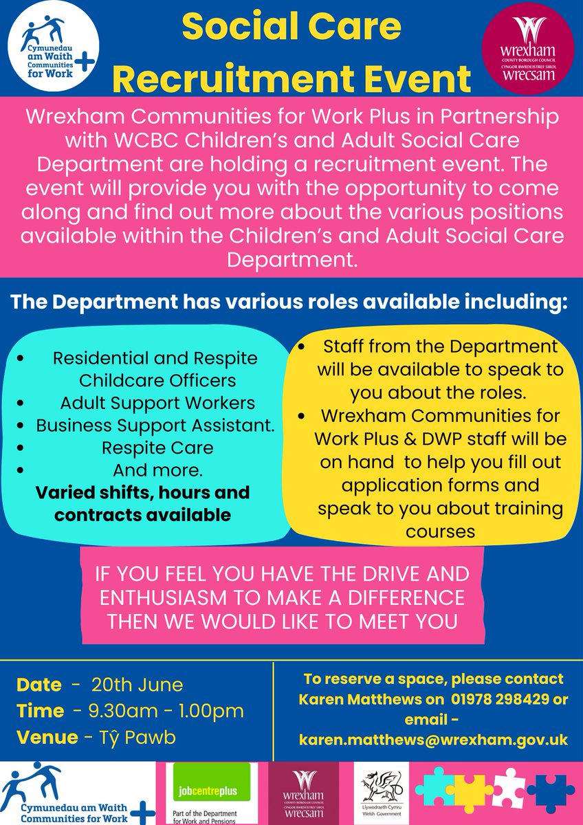 ***Social Care Recruitment Event***
Date - 20th June
Time - 9.30am - 1.00pm
Venue - Tŷ Pawb
👇👇👇
#wrexham #wrexhamjobs