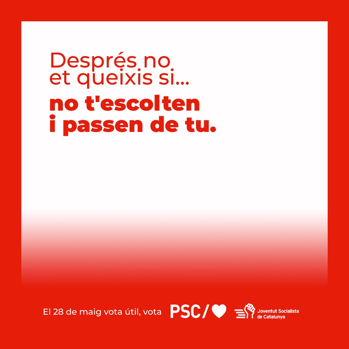 JSCMontcada's tweet photo. 𝗗𝗲𝘀𝗽𝗿𝗲́𝘀 𝗻𝗼 𝗲𝘁 𝗾𝘂𝗲𝗶𝘅𝗶𝘀 𝘀𝗶... 🫣❌
Aquest #28M hi ha eleccions municipals i tenim l'oportunitat de canviar les coses a #Montcada.
🗳 #VotaPSC perquè tinguis un govern que pensi en tothom, i en especial, en els i les joves.
❤️ Amb tu, #TransformemMontcada! https://t.co/thv8pwdXr1