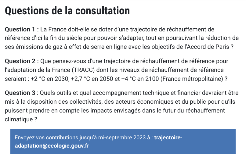 YannWeb's tweet photo. La "Consultation publique" d'@Ecologie_Gouv sur l’#Adaptation face au #ChangementClimatique
#Plan4C
3 questions ?
Sérieusement @ChristopheBechu ?!
https://t.co/5TYqHpgyFU https://t.co/MQesquiI2x