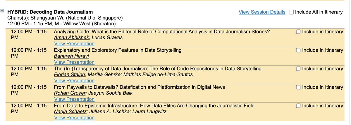 Confused? Hit up "HYBRID: Decoding Data Journalism" at 12:00 PM in M - Willow West - remember these late Monday panels may have drawn the conference planning short stick, but the papers will be excellent #ica23