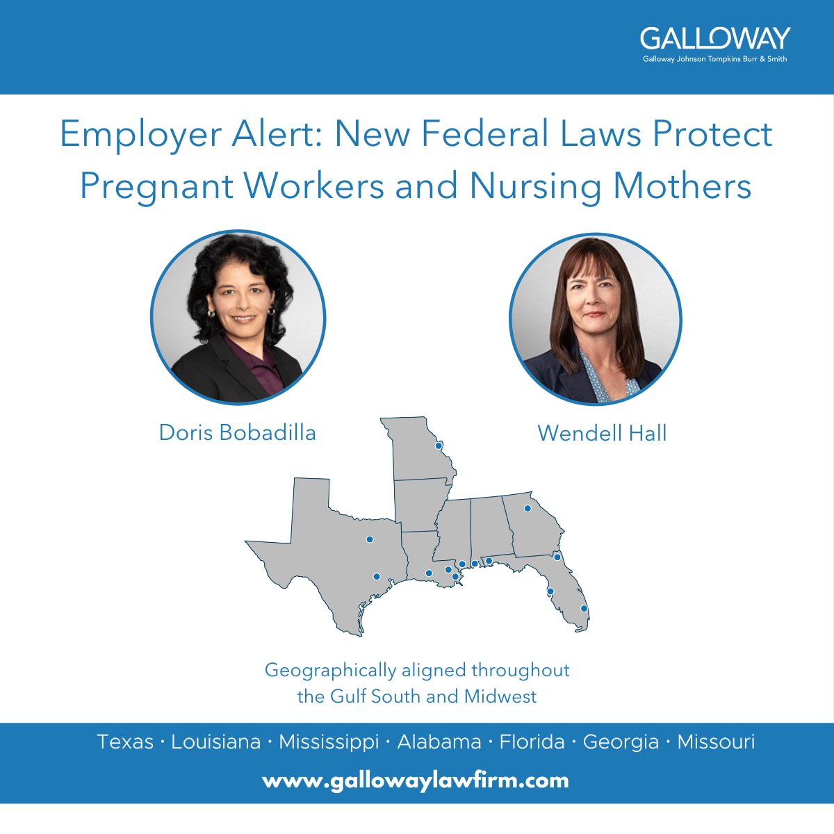 Two new laws have been enacted to protect pregnant and nursing workers. Galloway attorneys Doris Bobadilla and Wendell Hall provide key insight into these laws. 

Read more here: bit.ly/3q1N4iN?utm_ca…