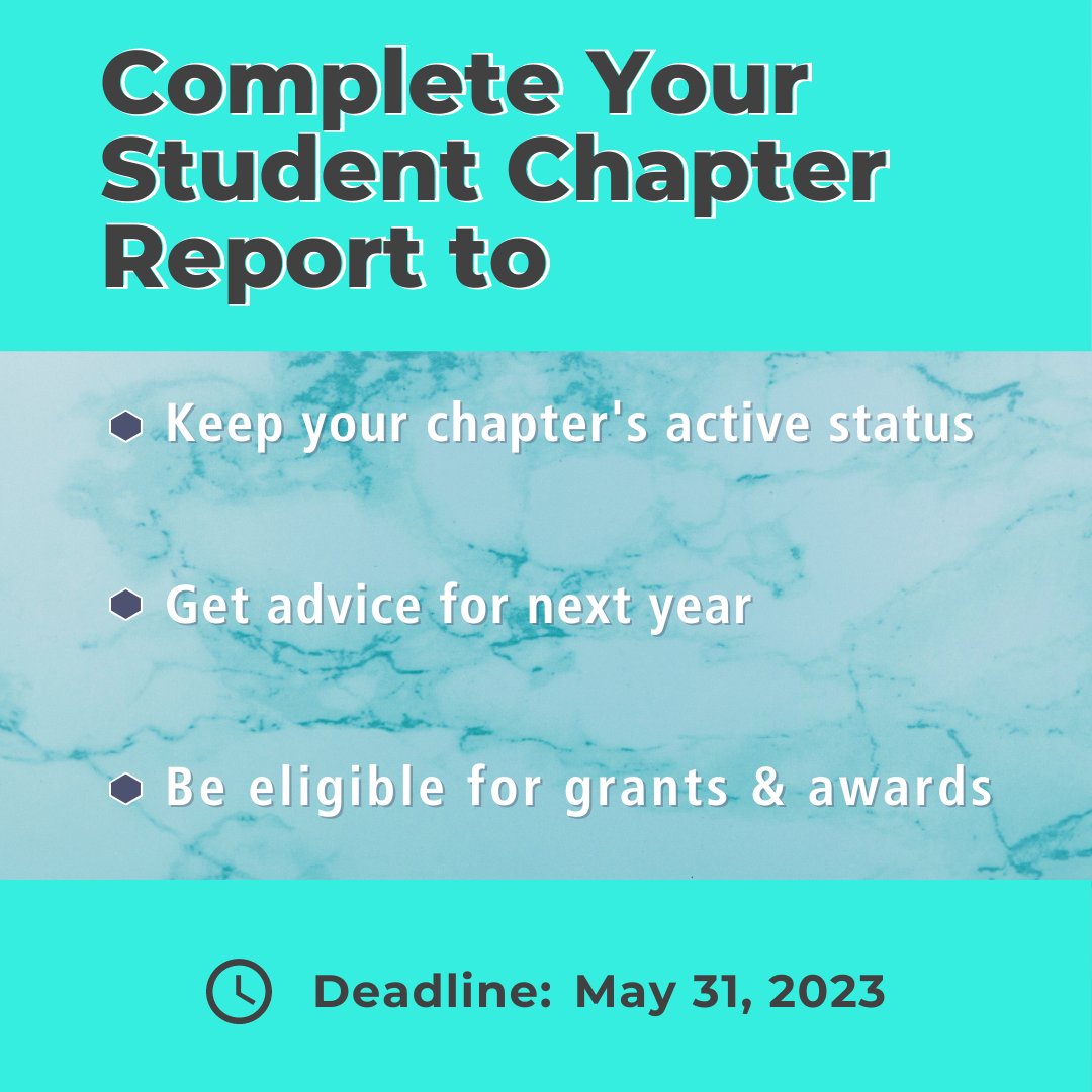 ACSUndergrad's tweet photo. Student chapter reports are due May 31! 

We know it's a busy time for most students; #inChemMag has 6 tips for submitting your report. Learn more &amp; submit your report before the May 31 deadline: https://t.co/sobr2mcdhk https://t.co/rQ9REHVYRW