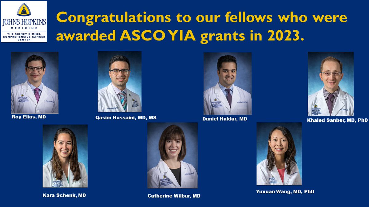 Johns Hopkins Hematology and Oncology Fellowship (@hopkins_hemonc) on Twitter photo Congratulations to our fellows who were awarded ASCO YIAs from <a href="/ConquerCancerFd/">Conquer Cancer, the ASCO Foundation</a> and <a href="/ASCO/">ASCO</a>. Drs. <a href="/rmelias2/">Roy Elias</a>, <a href="/QasimHussainiMD/">Qasim Hussaini, MD</a>, <a href="/DanielHaldarMD/">S. Daniel Haldar, MD</a>, Khaled Sanber, Kara Schenk, Catherine Wilbur, and Yuxuan Wang. We are proud of all of you and the work you are doing. Congratulations to our fellows who were awarded ASCO YIAs from <a href="/ConquerCancerFd/">Conquer Cancer, the ASCO Foundation</a> and <a href="/ASCO/">ASCO</a>. Drs. <a href="/rmelias2/">Roy Elias</a>, <a href="/QasimHussainiMD/">Qasim Hussaini, MD</a>, <a href="/DanielHaldarMD/">S. Daniel Haldar, MD</a>, Khaled Sanber, Kara Schenk, Catherine Wilbur, and Yuxuan Wang. We are proud of all of you and the work you are doing.