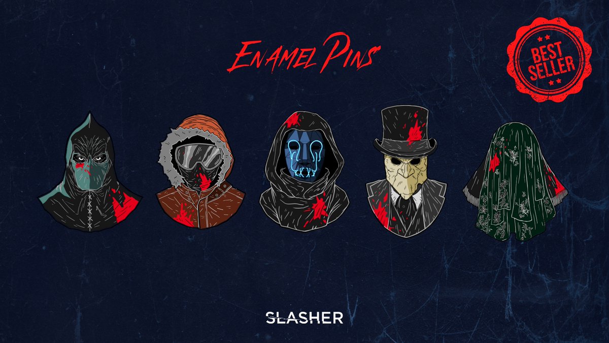 Got your official #Slasher merch yet? Show off your favourite Slasher season with our bestselling killer mask enamel pins, available now at slasherstore.com 🩸