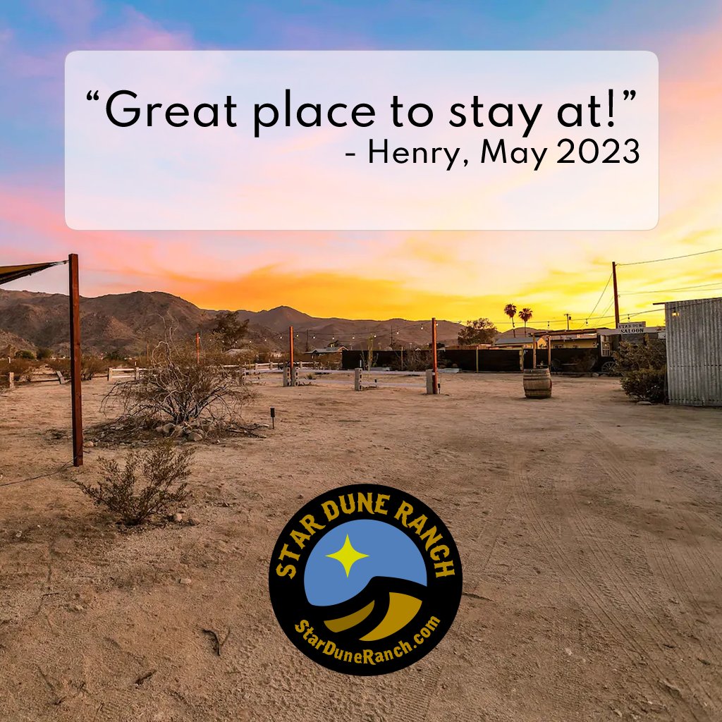 “Great place to stay at!” - Henry, May 2023      
 
Experience Star Dune Ranch for yourself! ✨📷starduneranch.com/quick-links/ 
#joshuatree #airbnb #travel #airbnbhost #vacation #booking #airbnbexperience #vrbo #vacationrental #holiday #nature #airbnbhomes