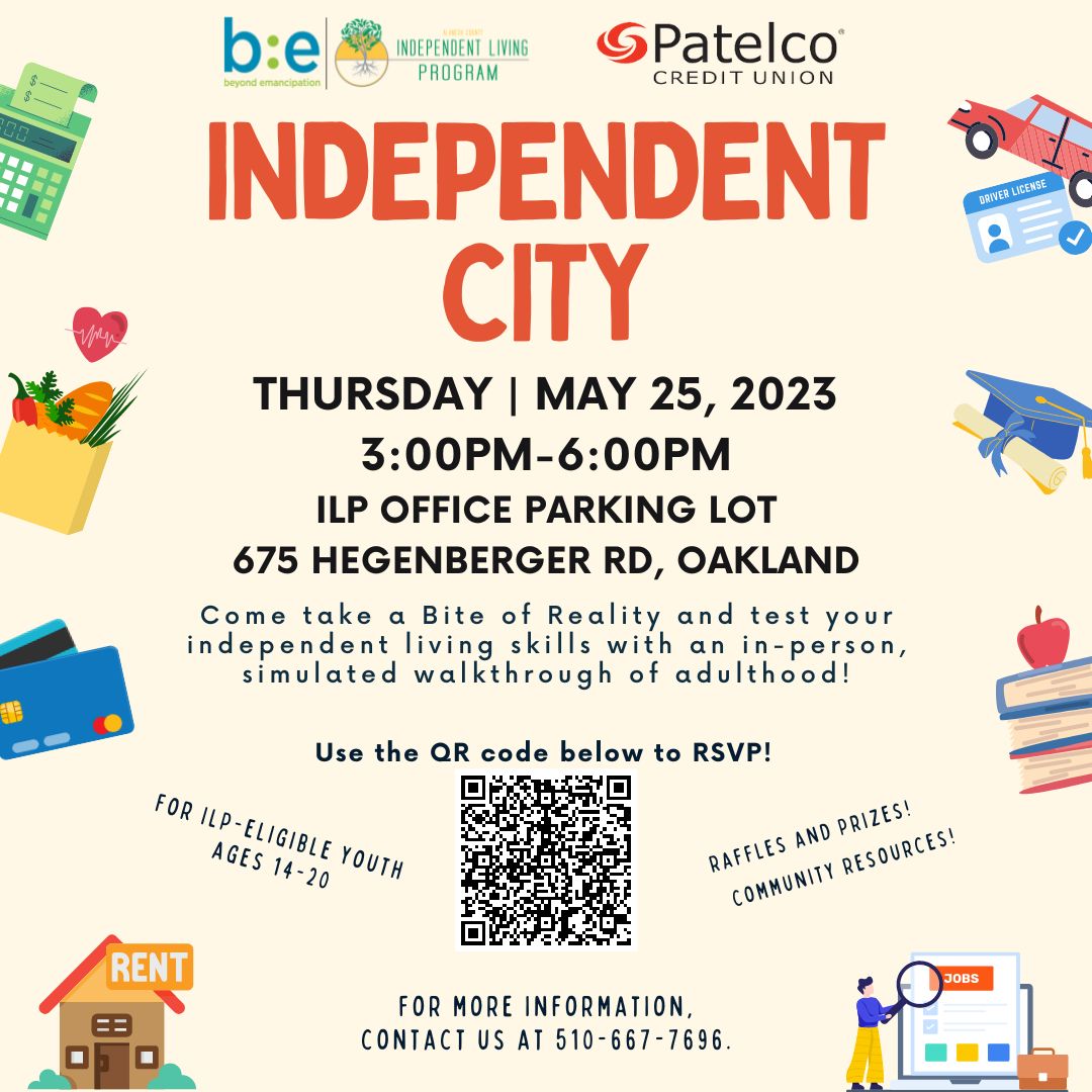 ILPAlameda's tweet image. Independent City is this Thursday! ILP is teaming up with the Bite of Reality to host a game that presents real-life situations while having tons of fun and support throughout. Use the QR code to RSVP today!
#acilp #be4youth #patelco #independentcity #event #community #adulting