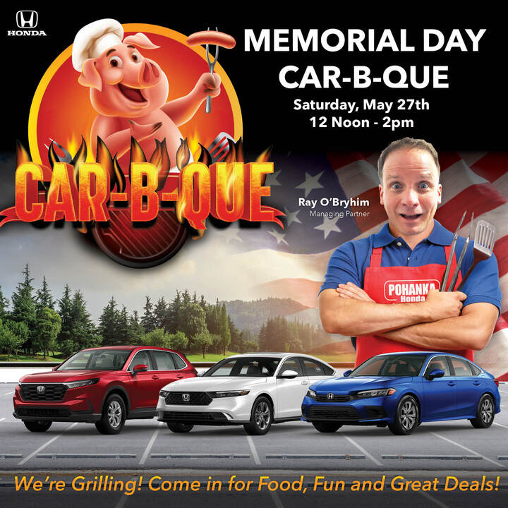 Calling all of our Fredericksburg-area friends: our annual Car-B-Que is happening THIS SATURDAY at Honda of Fredericksburg! 🔥🥩🐷
 
Visit our team at the Honda of Fredericksburg showroom this Saturday, May 27th!

#ilovepohanka #pohankaautomotive #pohanka #hondafredericksburg