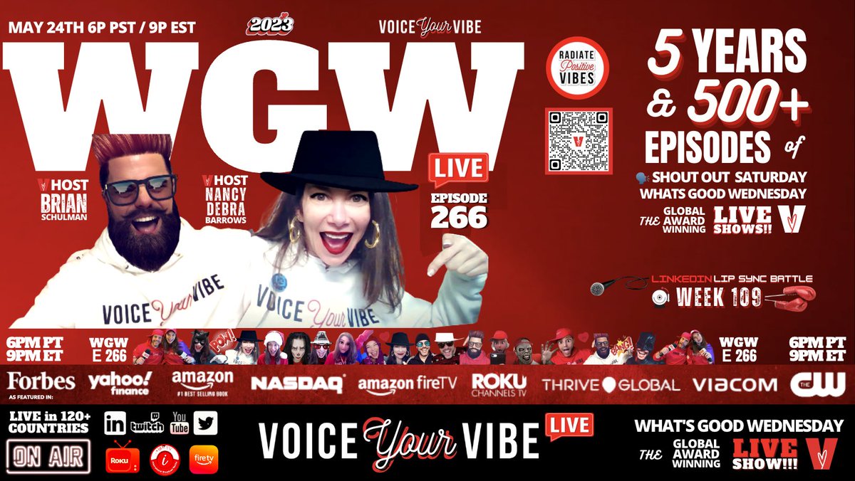 VoiceYourVibe's tweet image. Come🗣THE GOOD+experience FullForceFUNNESS WED @ 6pPT! #LinkedInLipSyncBattle 109 #socialdisDANCING on E266 of the Global Award-Winning #WhatsGoodWednesdayLIVE broadcasted💫the🌎in 120+countries on LinkedInLIVE Amazon🔥RokuTV PODTV Twitter Twitch YouTube👉lnkd.in/g_Bz7WAQ
