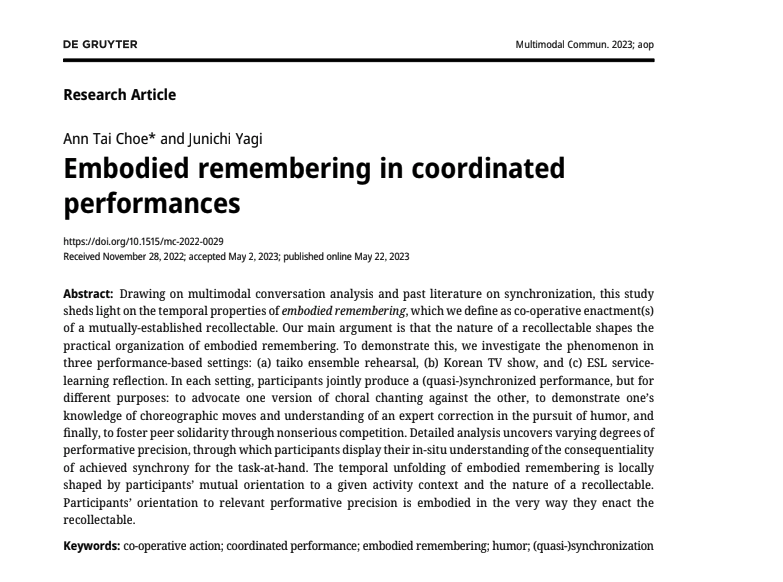 annchoe_'s tweet image. Delighted to share that a co-authored paper with my senpai, Junichi Yagi, has been published in De Gruyter's Multimodal Communication 🎉.
degruyter.com/document/doi/1…
#conversationanalysis #embodied #remembering